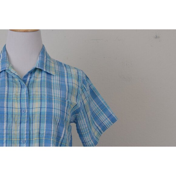 Vintage 90s White and Blue Cotton/Poly Plaid‎ Button Down Blouse - Picture 6 of 10